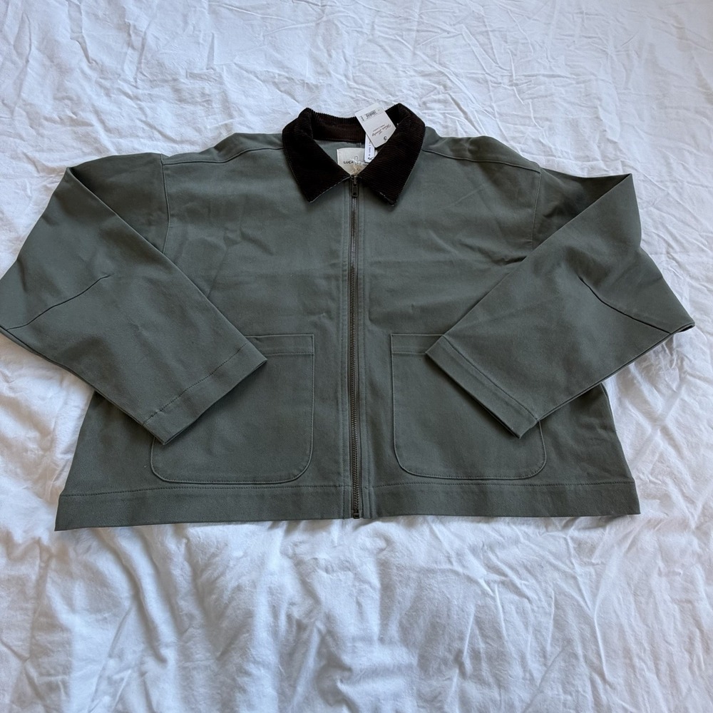 Lucky Brand Olive Green Workwear Jacket Women L Corduroy Collar Zip Front NWT‎